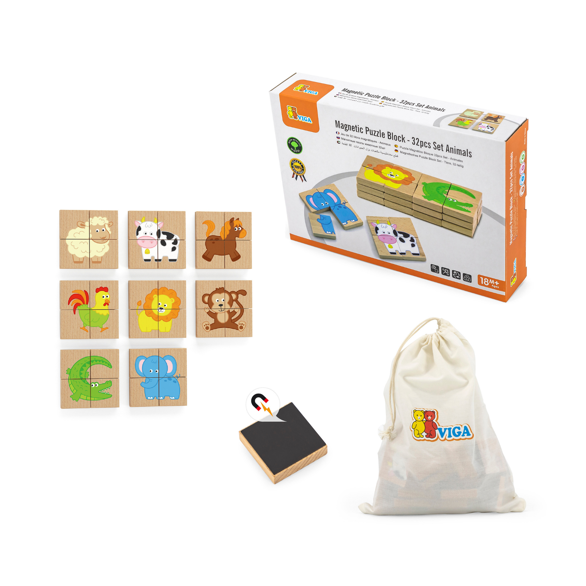Viga Animals, 32 Piece Magnetic Block Puzzle, Montessori Wooden Toy, Develops Sensory, Cognitive & Fine Motor Skills, Non-Toxic & Eco-friendly Kids Educational Toy, Suitable for Children Aged 18M+