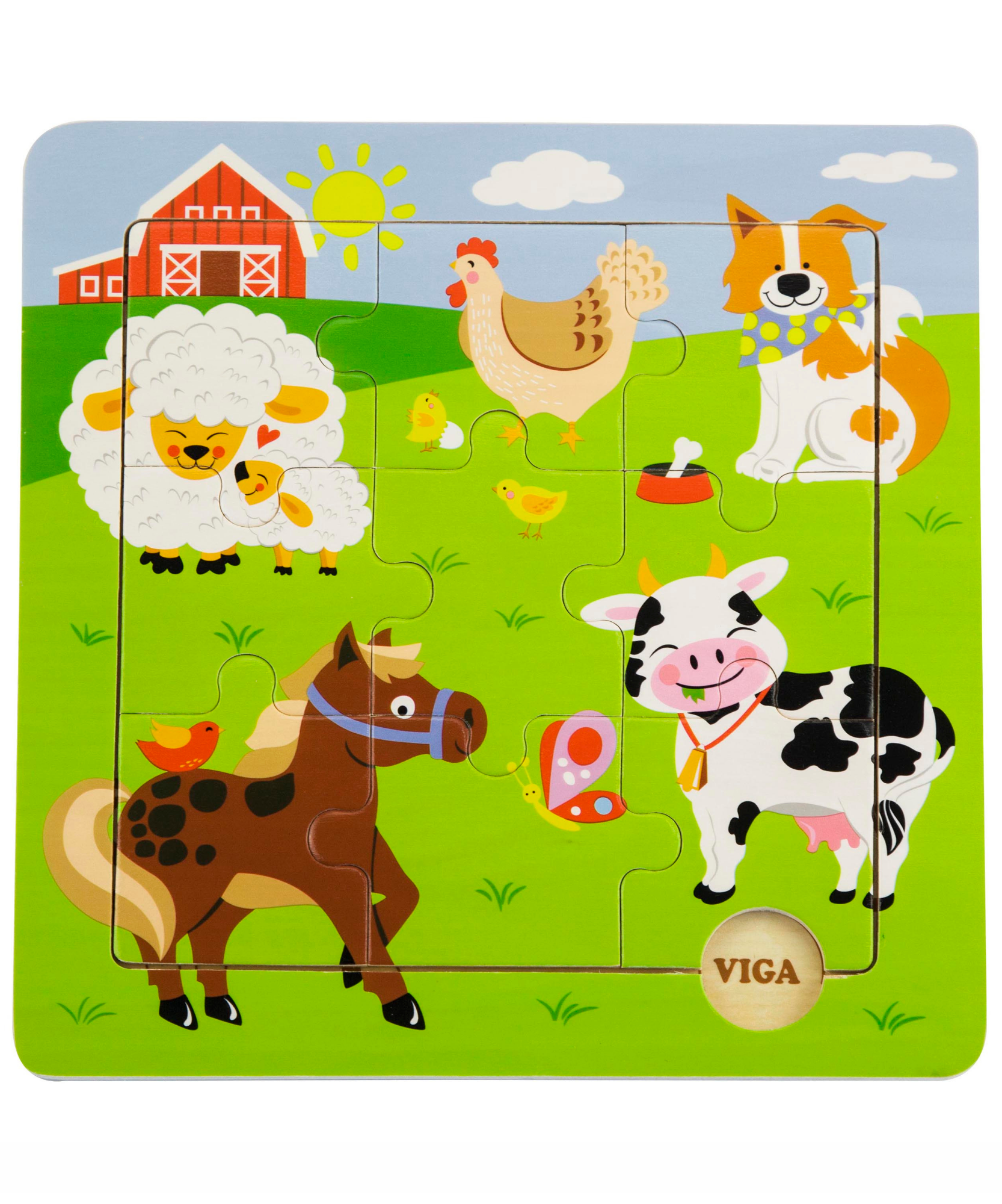 Viga Farm Animals, 9 Piece Jigsaw Puzzle, Montessori Wooden Toy, Develops Sensory, Cognitive & Fine Motor Skills, Non-Toxic & Eco-friendly Kids Educational Toy, Suitable for Boys and Girls Aged 18M+