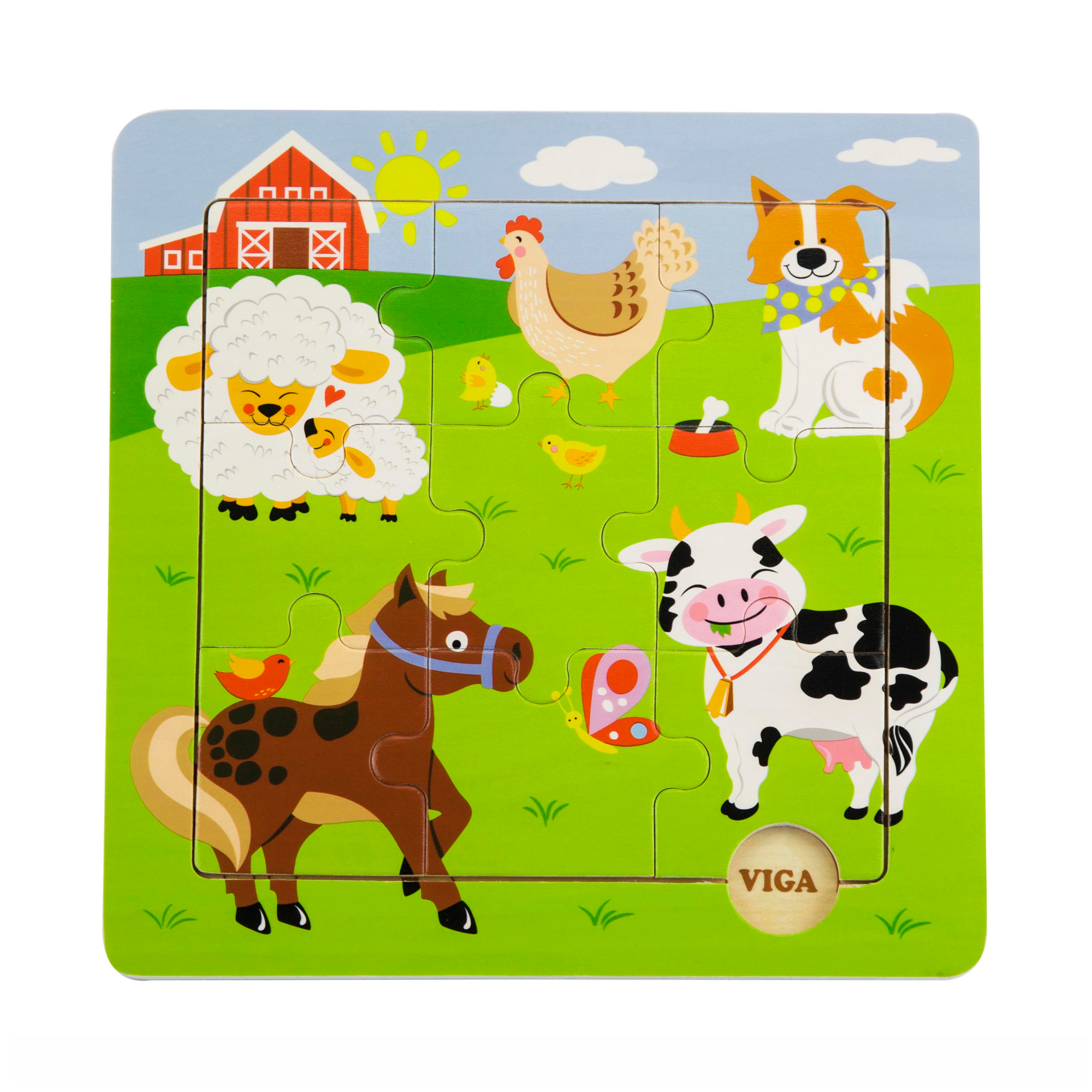 Viga Farm Animals, 9 Piece Jigsaw Puzzle, Montessori Wooden Toy, Develops Sensory, Cognitive & Fine Motor Skills, Non-Toxic & Eco-friendly Kids Educational Toy, Suitable for Boys and Girls Aged 18M+
