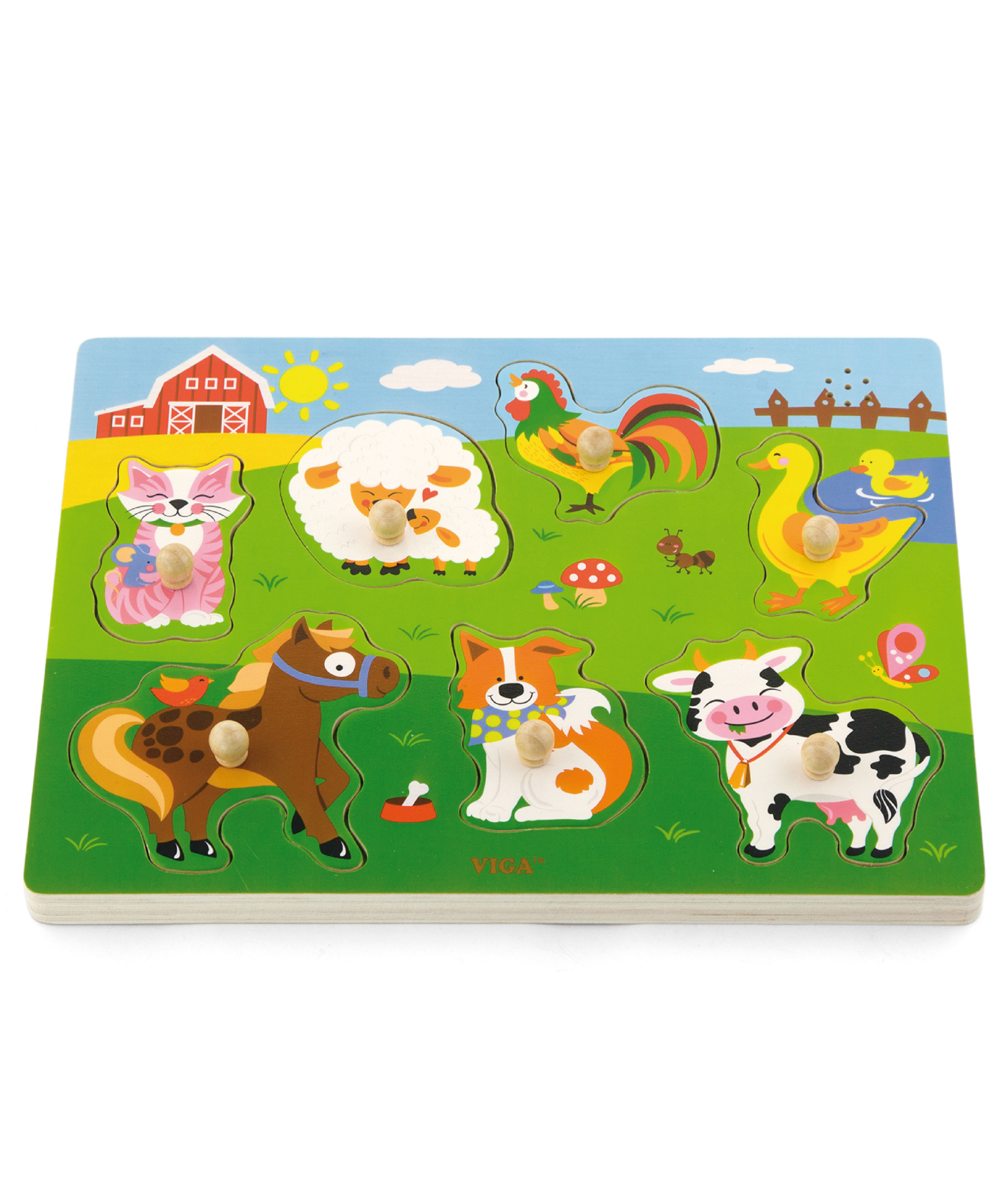 Viga Farm Animals, 7 Piece Knob Puzzle with Sound, Montessori Wooden Toy, Develops Sensory, Cognitive & Fine Motor Skills, Non-Toxic & Eco-friendly Kids Educational Toy, Suitable for Children 18M+