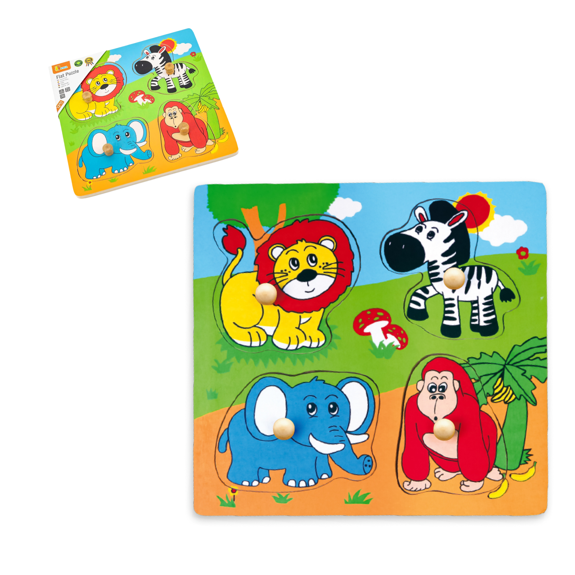 Viga Wild Animals, 4 Piece Knob Puzzle, Montessori Wooden Toy, Develops Sensory, Cognitive & Fine Motor Skills, Non-Toxic & Eco-friendly Kids Educational Toy, Suitable for Children Aged 12M+