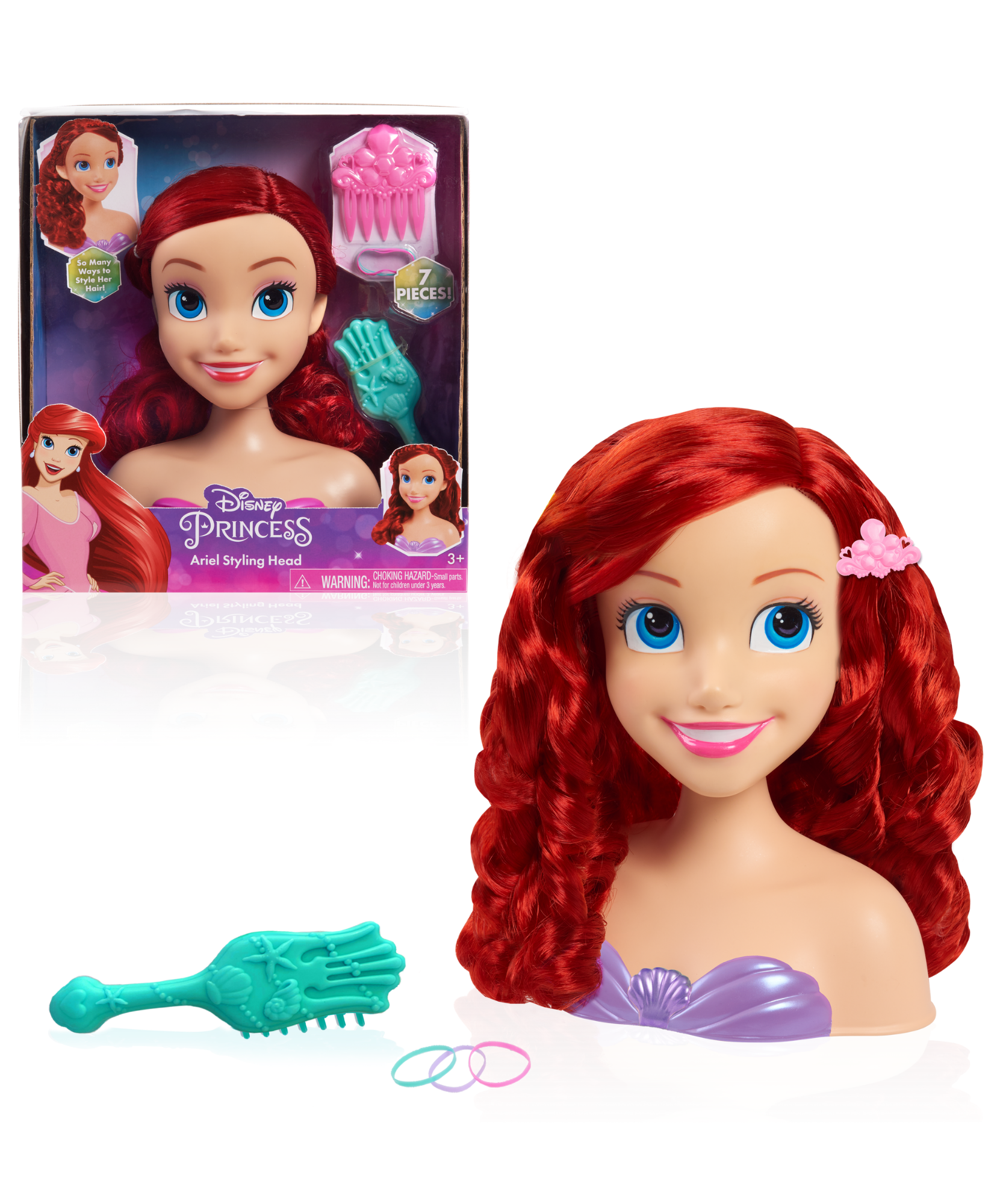 Disney Princess 7 Piece The Little Mermaid Styling Head with Accessories Featuring Ariel, 8" Inch Red Hair Pretend Play Set, Officially Licensed Kids Role Play Toy for Ages 3 & Up by Just Play