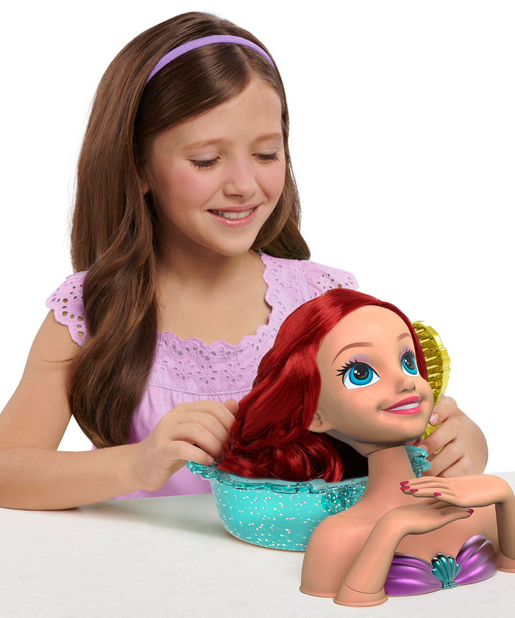 Disney Princess 20 Piece The Little Mermaid Styling Head with Accessories Featuring Ariel, 8" Inch Red Hair Pretend Play Set, Officially Licensed Kids Role Play Toy for Ages 3 & Up by Just Play