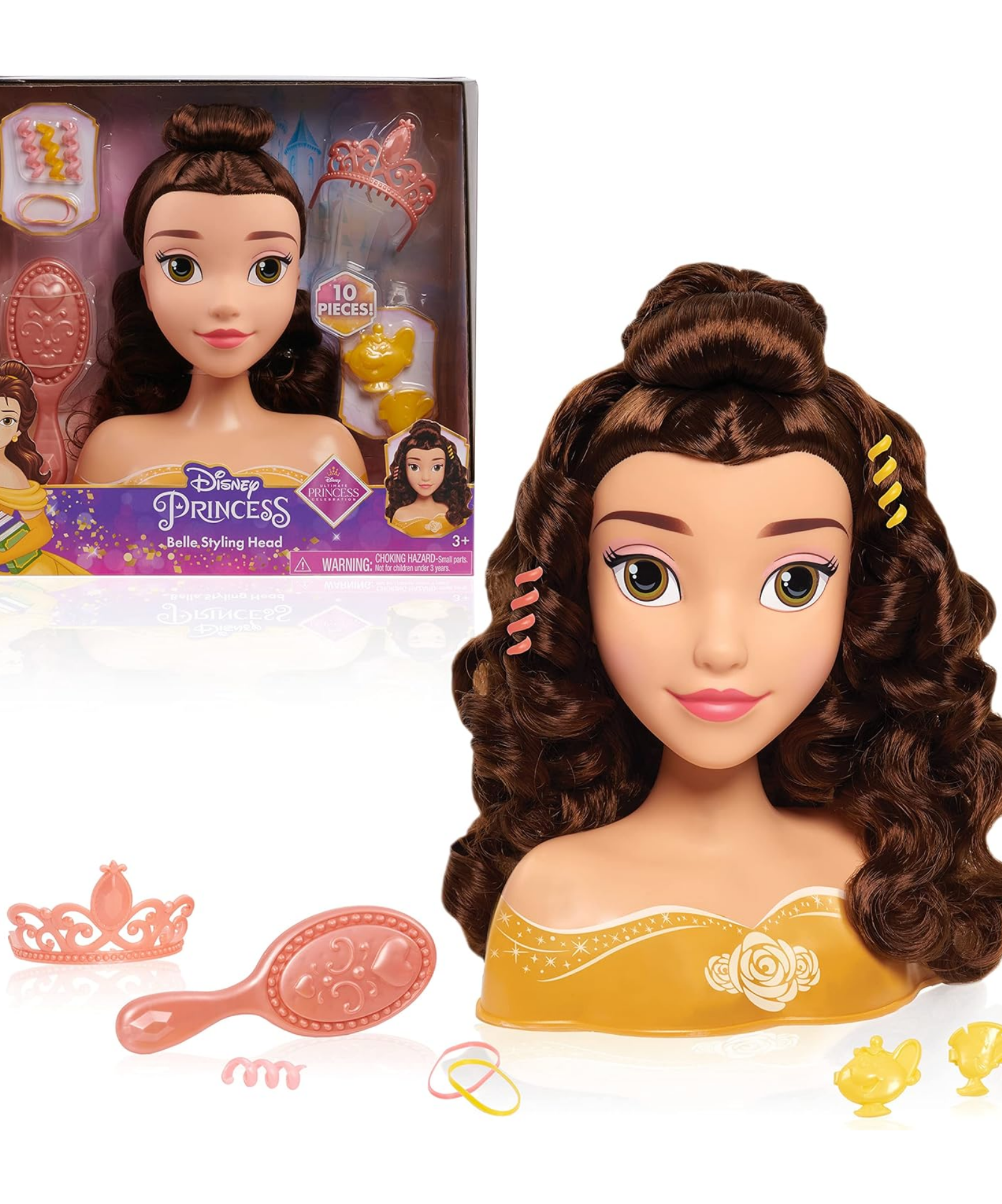Disney Princess 10 Piece Beauty and the Beast Styling Head with Accessories Featuring Belle, 8" Inch Brown Hair Pretend Play Set, Officially Licensed Kids Role Play Toy for Ages 3 & Up by Just Play