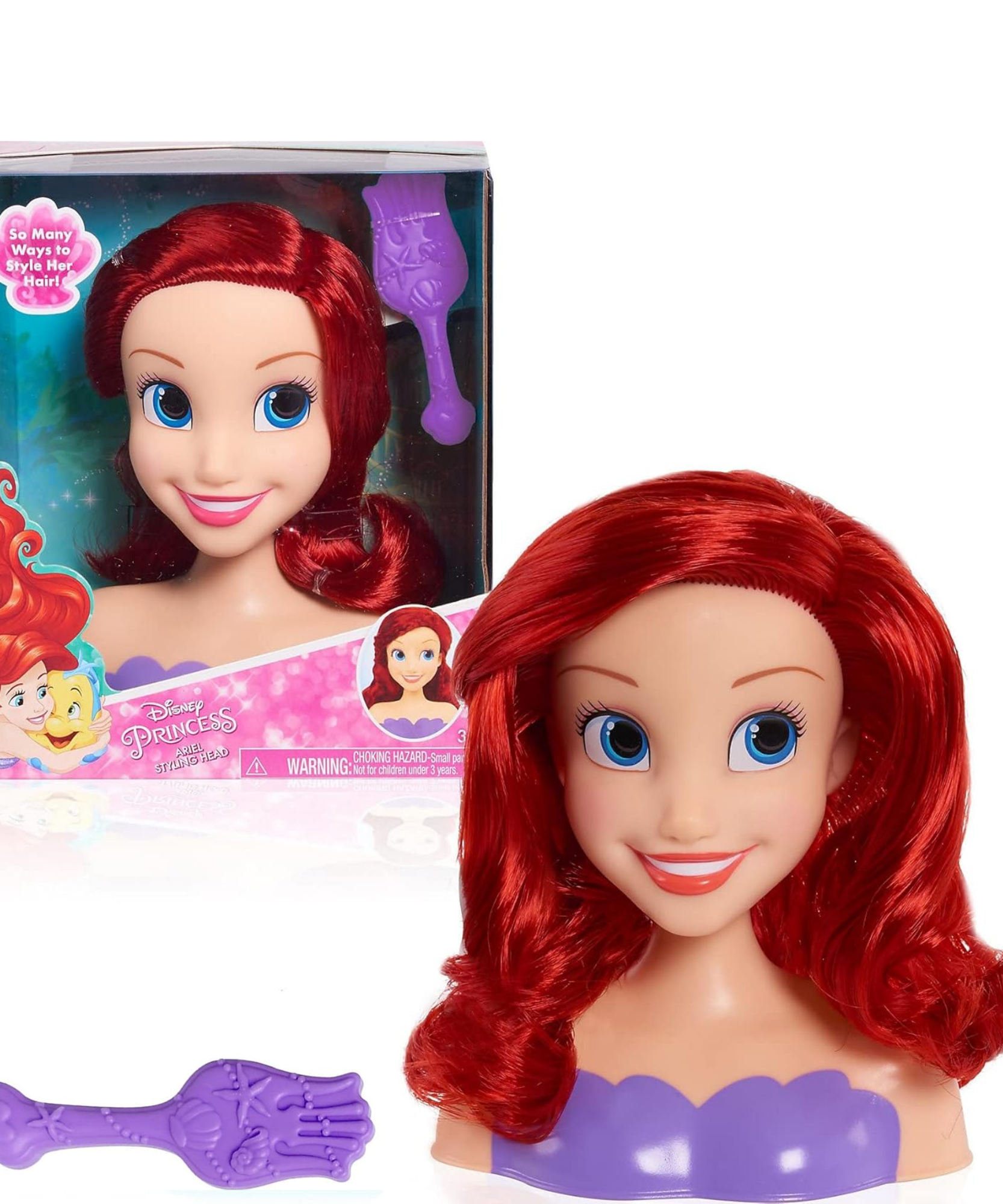 Disney Princess 2 Piece The Little Mermaid Styling Head Featuring Ariel, 5" Inch Red Hair Pretend Play Set, Officially Licensed Kids Role Play Toy for Ages 3 & Up by Just Play