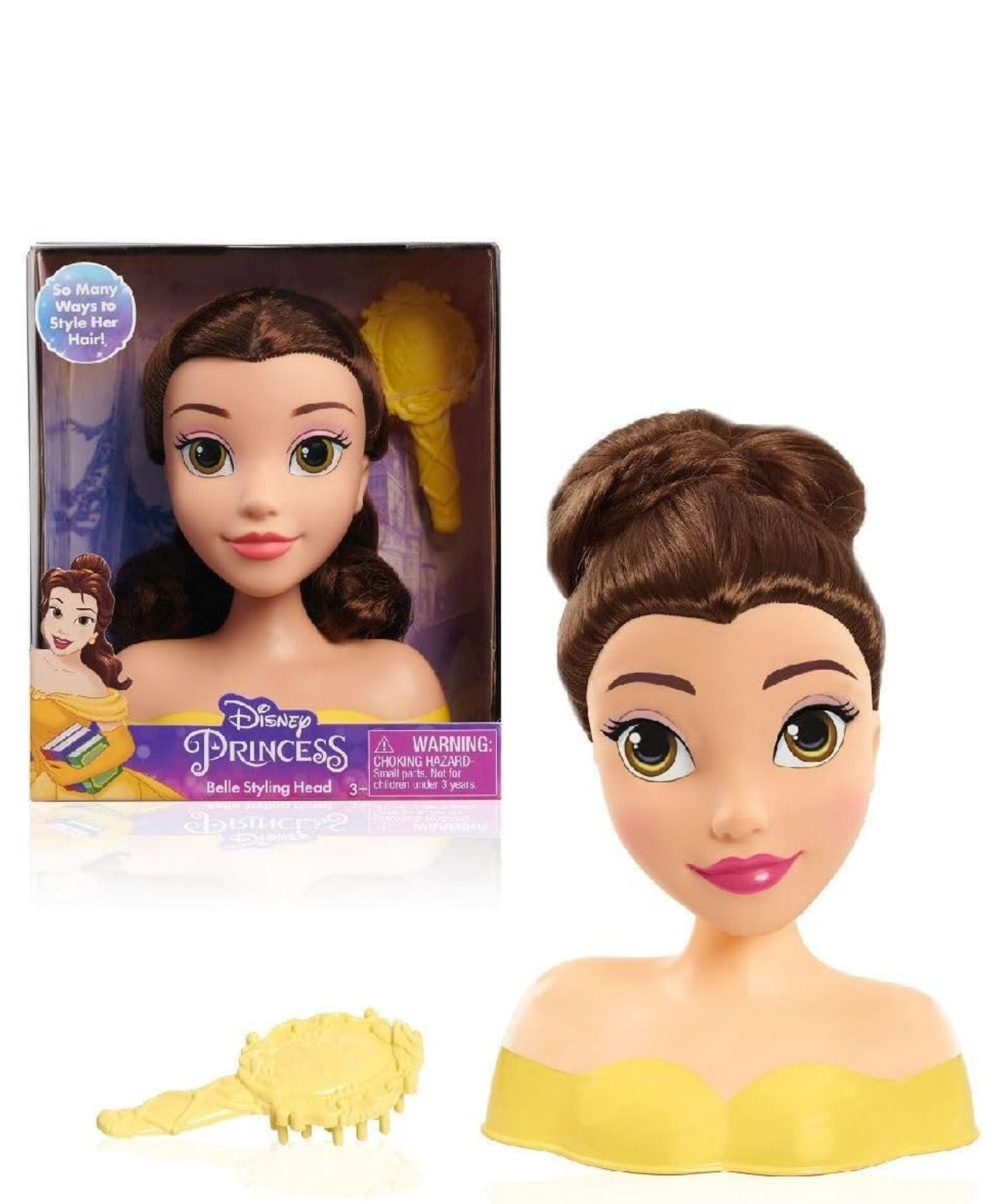 Disney Princess 2 Piece Beauty and the Beast Styling Head Featuring Belle, 5" Inch Brown Hair Pretend Play Set, Officially Licensed Kids Role Play Toy for Ages 3 & Up by Just Play