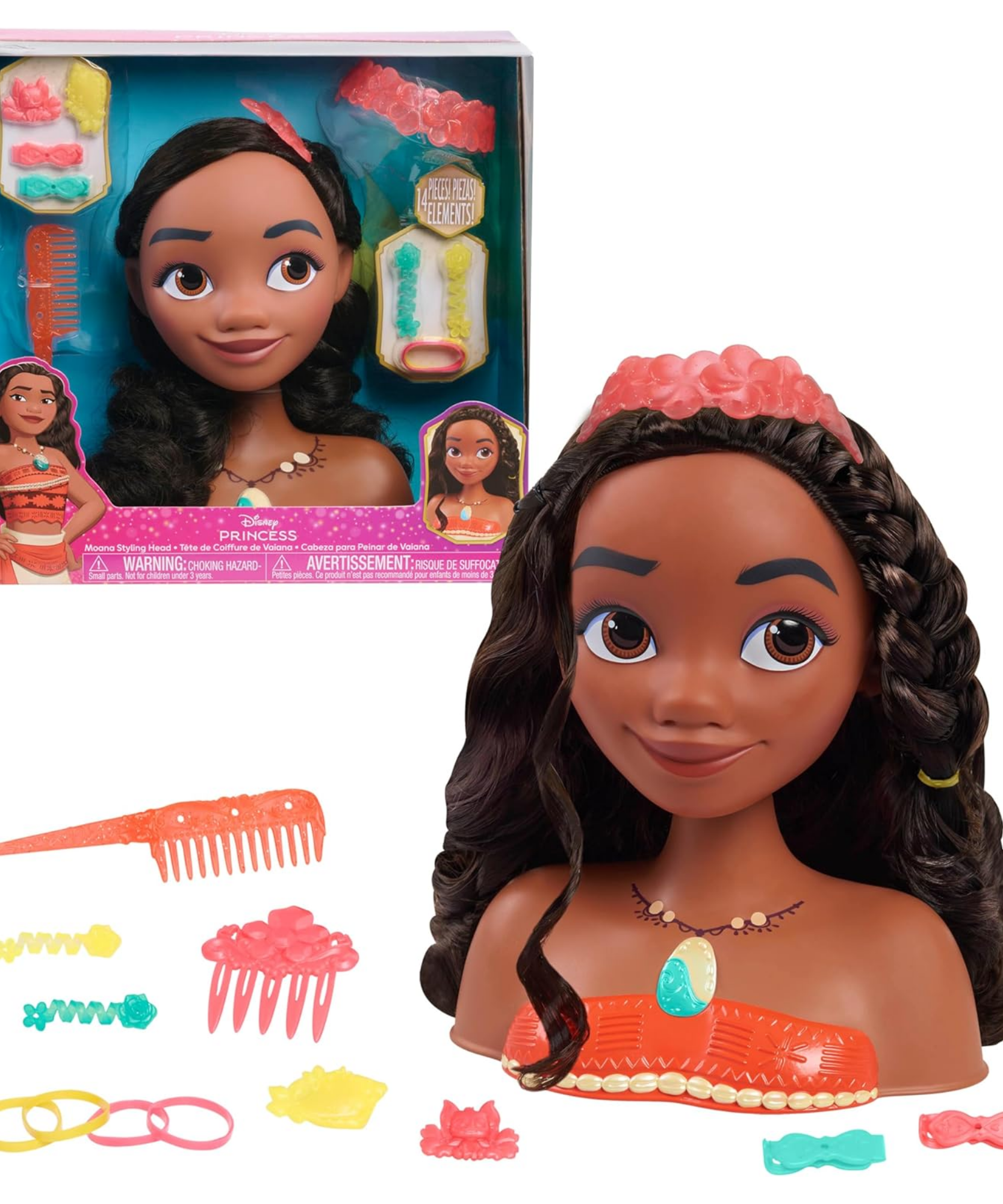 Disney Princess 14 Piece Styling Head with Accessories Featuring Moana, 8" Inch Brown Hair Pretend Play Set, Officially Licensed Kids Role Play Toy for Ages 3 & Up by Just Play