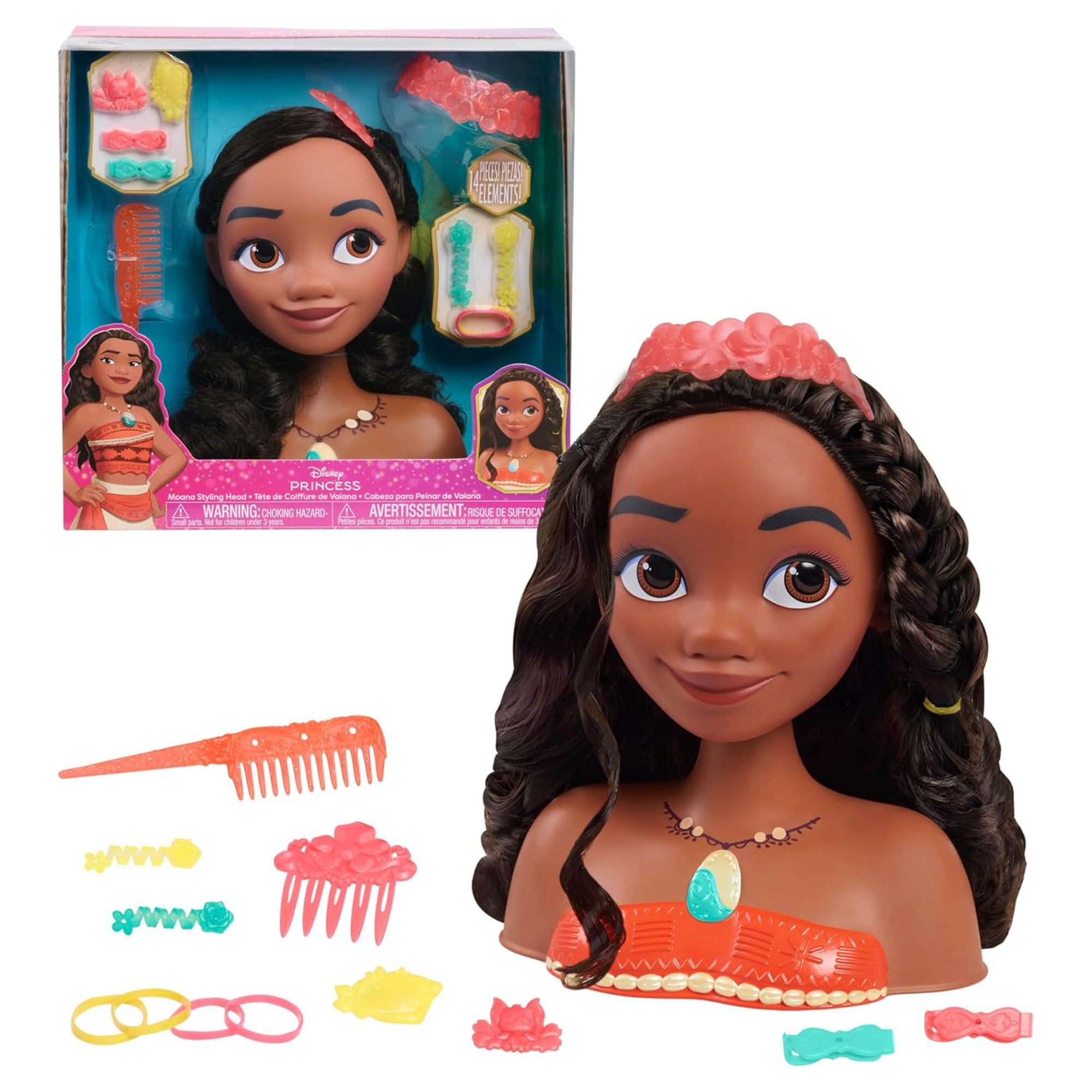 Disney Princess 14 Piece Styling Head with Accessories Featuring Moana, 8" Inch Brown Hair Pretend Play Set, Officially Licensed Kids Role Play Toy for Ages 3 & Up by Just Play