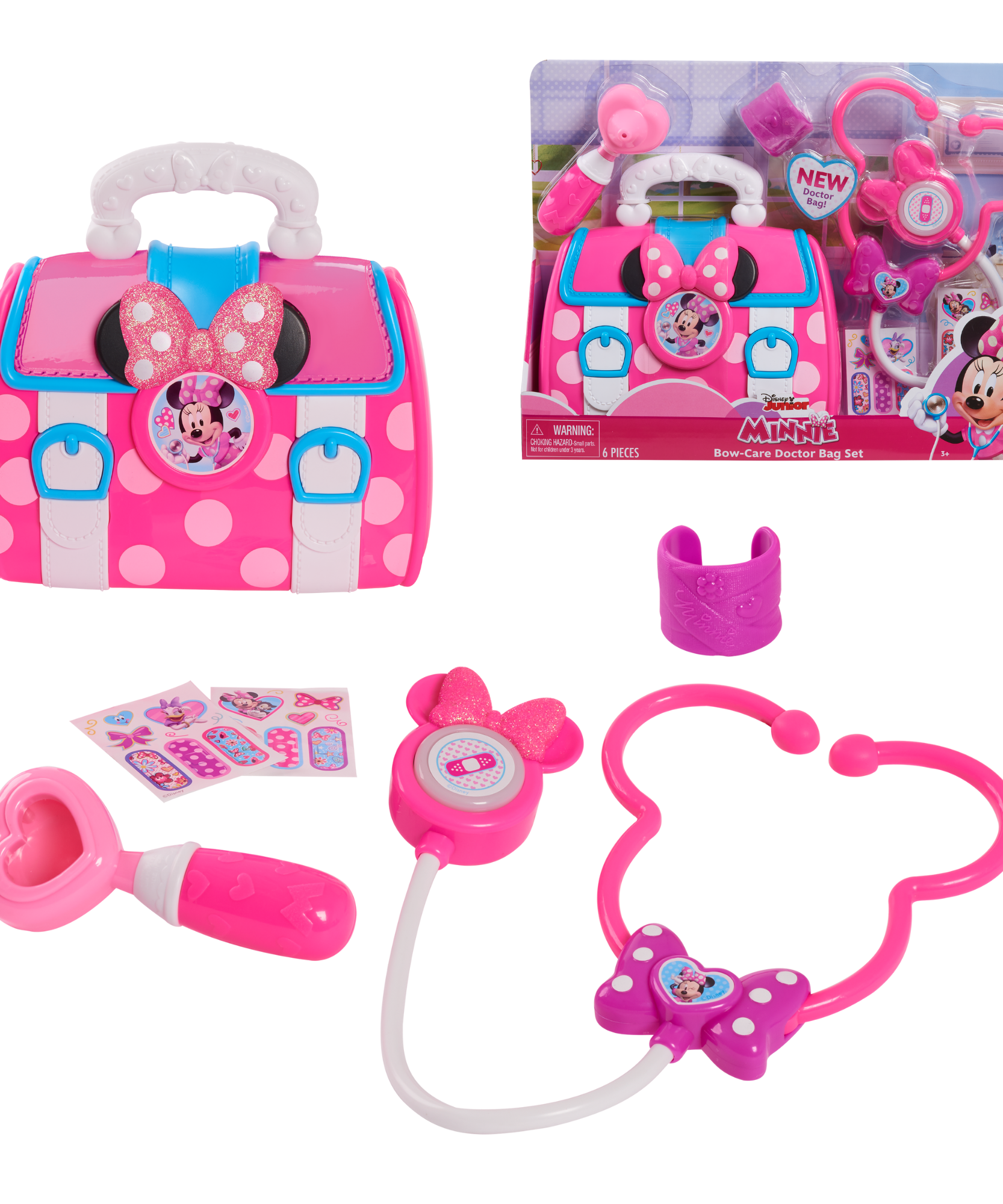 Disney Minnie Mouse Bow-Care Doctor Bag Set, 6-Piece Preschool Pretend Play Toy, Includes Stethoscope, Otoscope, Bandage & Stickers, Officially Licensed Kids Toy for Ages 3 & Up by Just Play