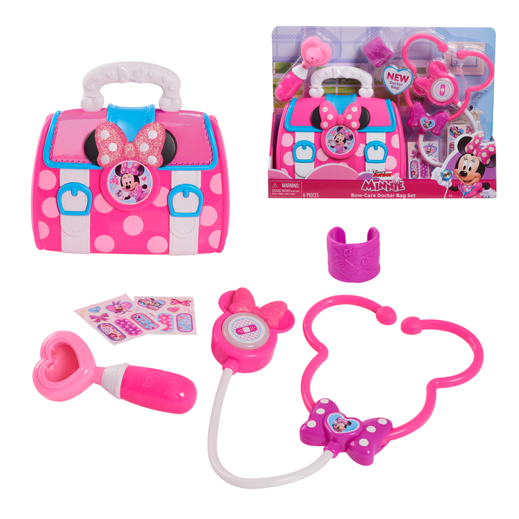 Disney Minnie Mouse Bow-Care Doctor Bag Set, 6-Piece Preschool Pretend Play Toy, Includes Stethoscope, Otoscope, Bandage & Stickers, Officially Licensed Kids Toy for Ages 3 & Up by Just Play