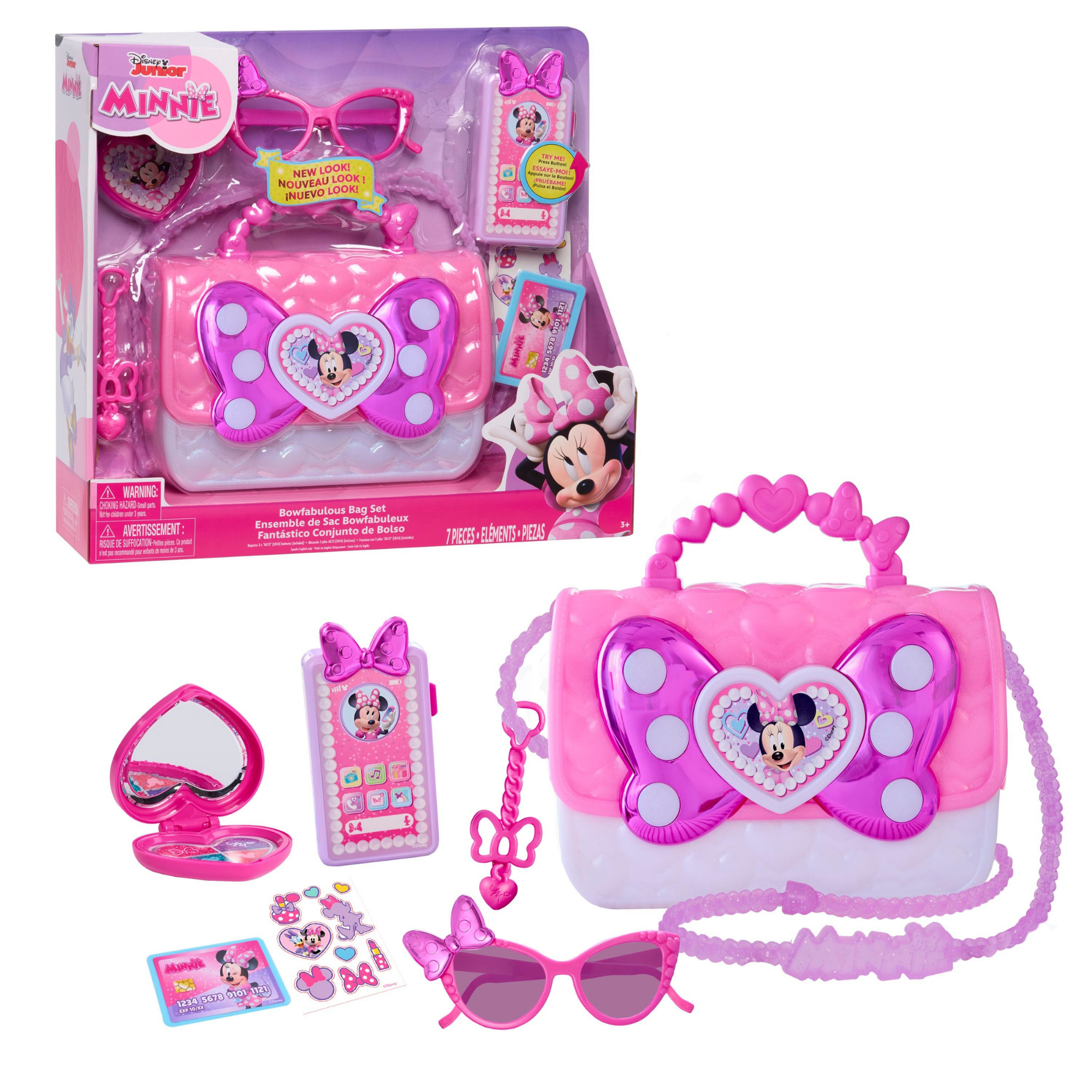 Disney Minnie Mouse Bowfabulous Bag Set, 7-Piece Dress Up and Pretend Play Toy with Sunglasses, Play Phone with Lights and Sounds, Officially Licensed Kids Toy for Ages 3 & Up by Just Play
