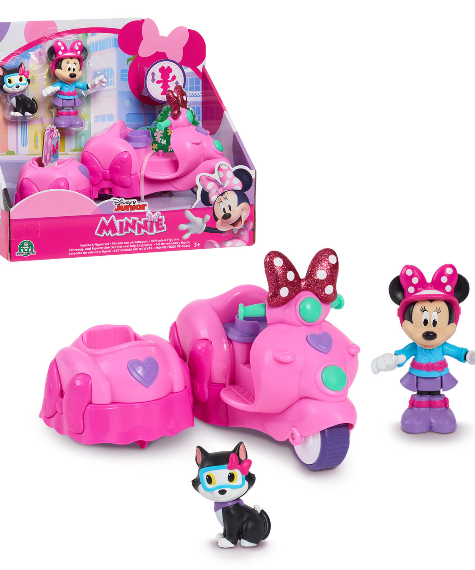 Disney Minnie Mouse and Figaro Vehicle and Figure Set, Scooter with Removable Side Car, Collectible Figure, Officially Licensed Kids Toy for Ages 3 & Up by Just Play
