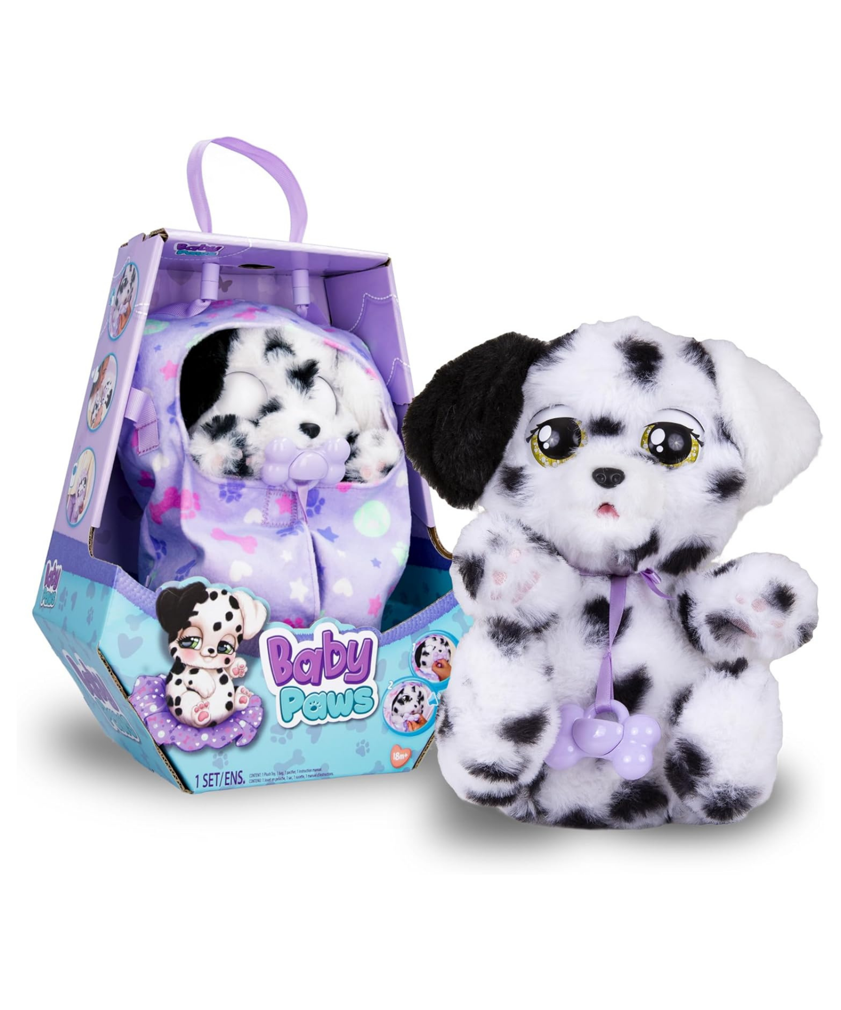 BABY PAWS Sleeping Puppies, Dalmatian, 8.5 Inch Interactive Plush Toy Puppy with Carry Bag, Kids Pretend Play Toy with Sound Effects, Suitable for Both Boys and Girls Aged 18m+
