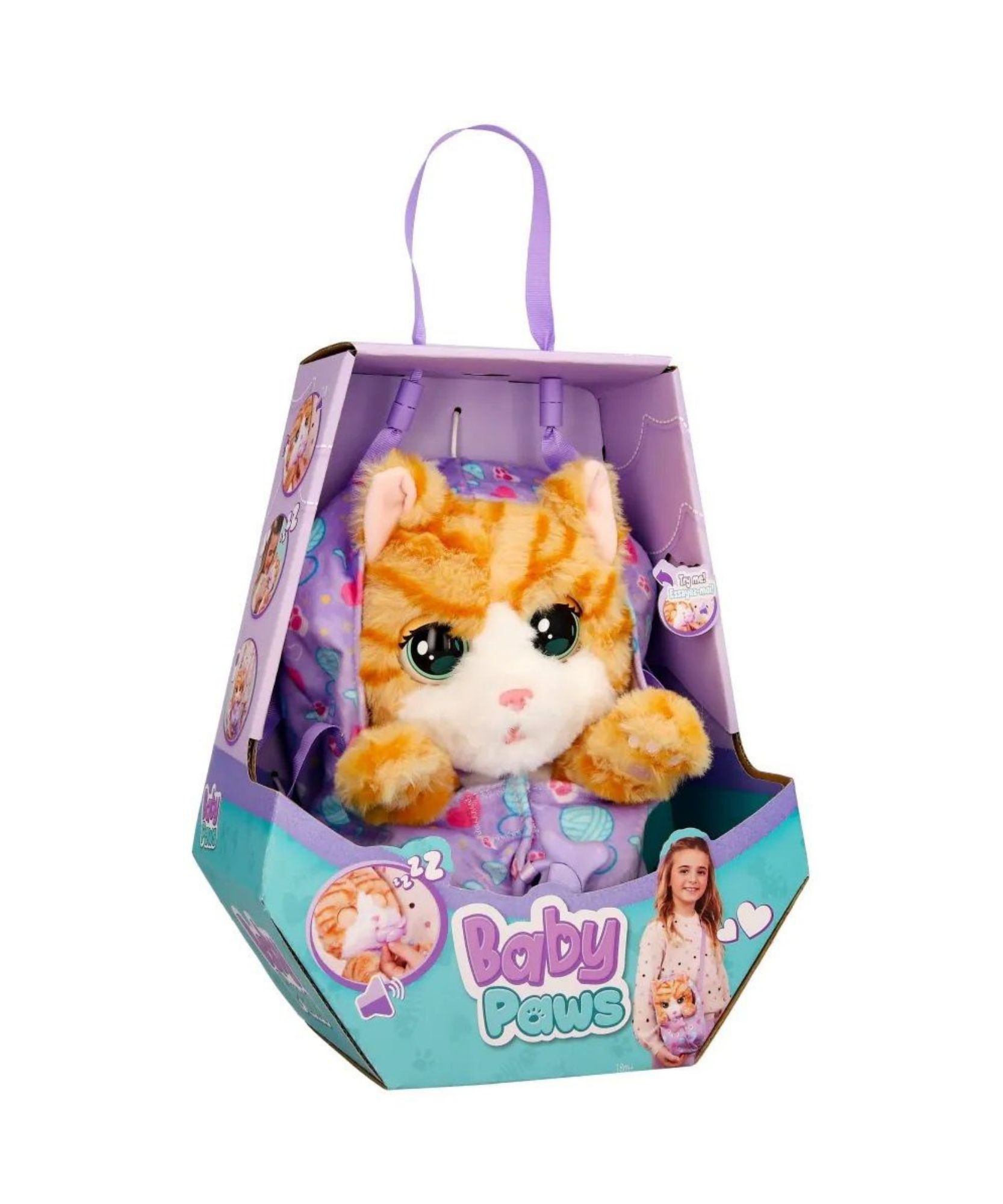 BABY PAWS Sleeping Cats, Kitty, 8.5 Inch Interactive Plush Toy Kitten with Carry Bag, Kids Pretend Play Toy with Sound Effects, Suitable for Both Boys and Girls Aged 3+