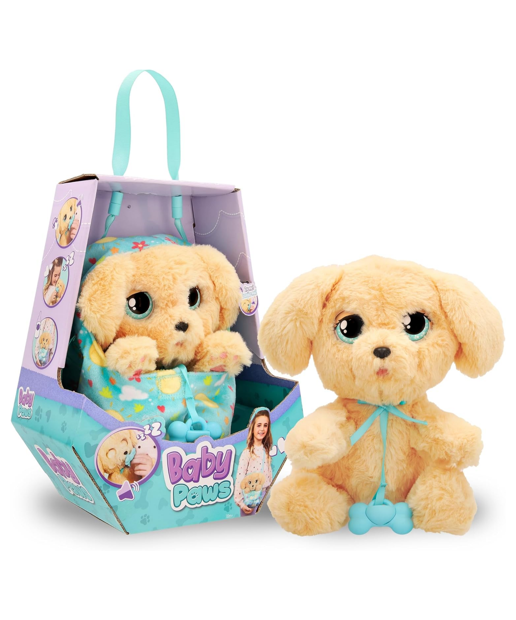 BABY PAWS Sleeping Puppies, Labrador, 9.5 Inch Interactive Plush Toy Puppy with Carry Bag, Kids Pretend Play Toy with Sound Effects, Suitable for Both Boys and Girls Aged 3+