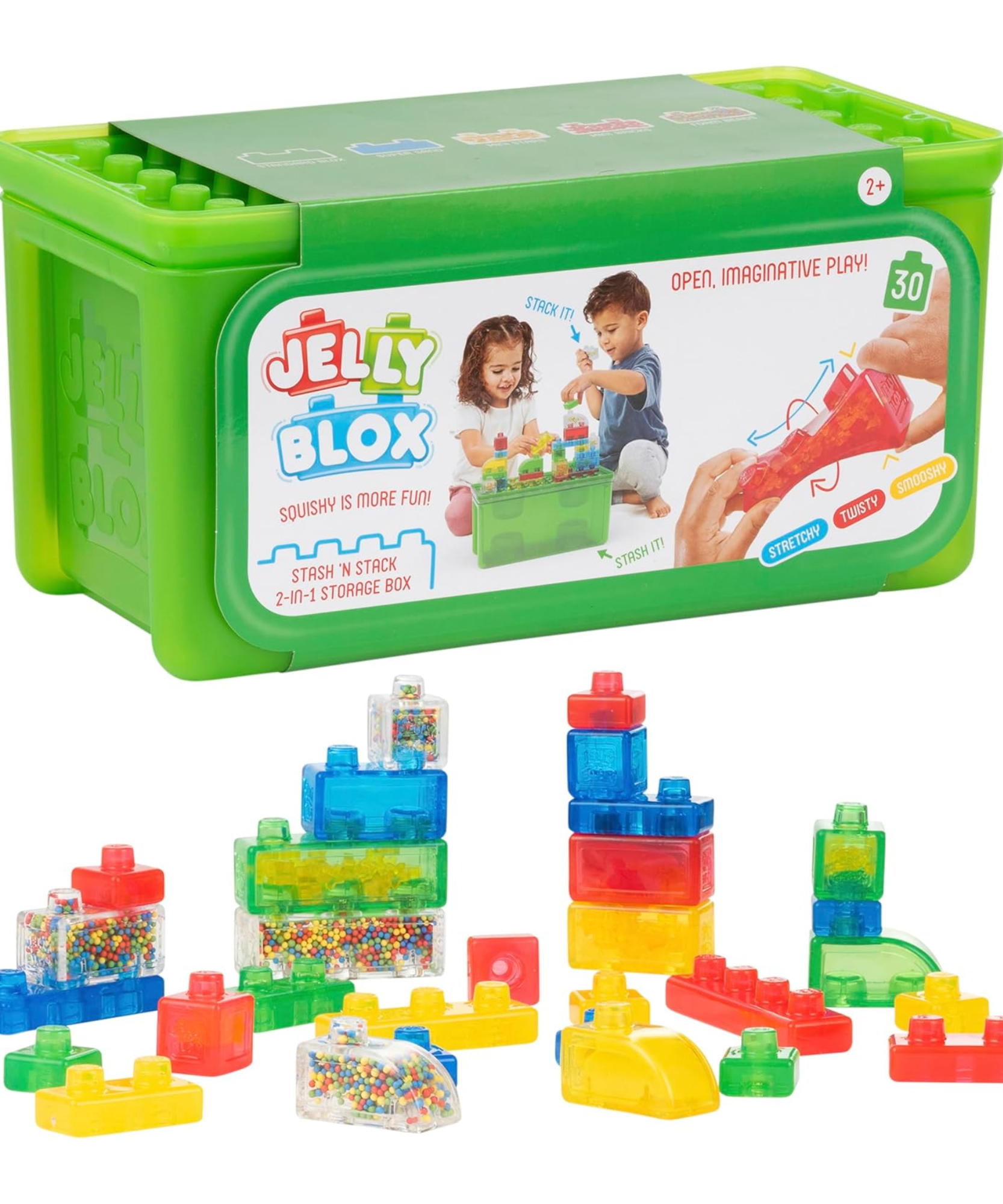 Jelly Blox Stash 'N Stack 2-in-1 Storage Case Including 30 Blocks, Toddler & Preschool Building Blocks Kids Can Squeeze & Stretch, Safety Tested & Ouch-Free, Tactile, Sensory Play Toy for Ages 2+