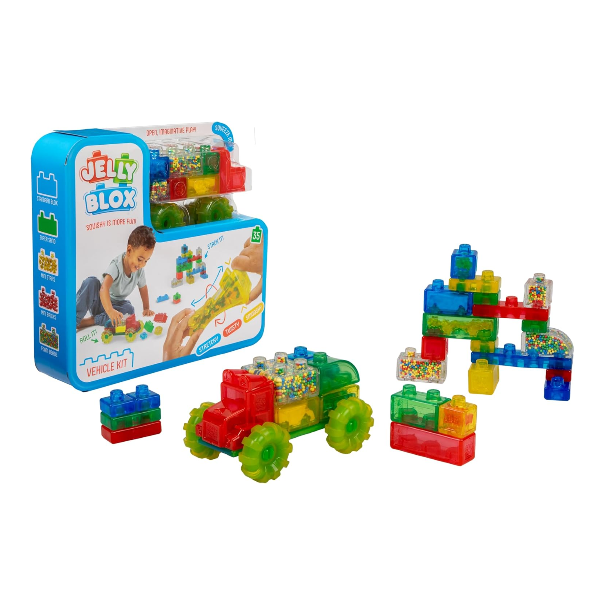 Goliath Jelly Blox Vrooom! Truck Kit, Includes 35 Blocks, Toddler & Preschool Building Blocks Kids Can Squeeze, Stretch, Squish, Safety Tested & Ouch-Free, Tactile, Sensory Play Toy for Ages 2+