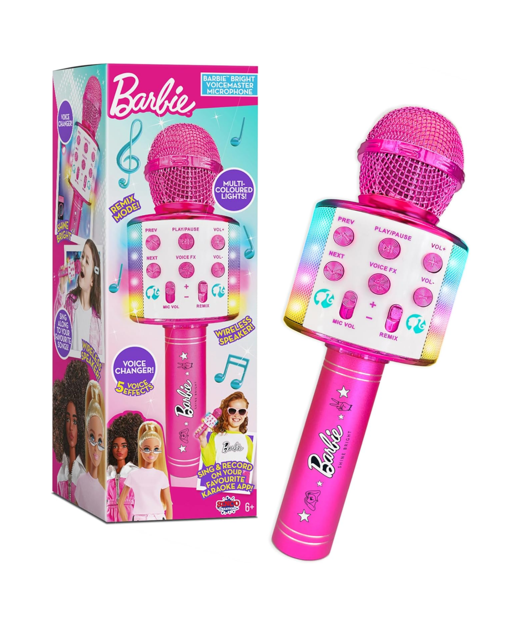 Sinco Creations Barbie Bright Voice Master Microphone, Bluetooth Wireless Karaoke Microphone with Lights, Portable Design with 5 Voice Effects for On the Go Sing-Along Fun, Suitable for Kids 3Y+