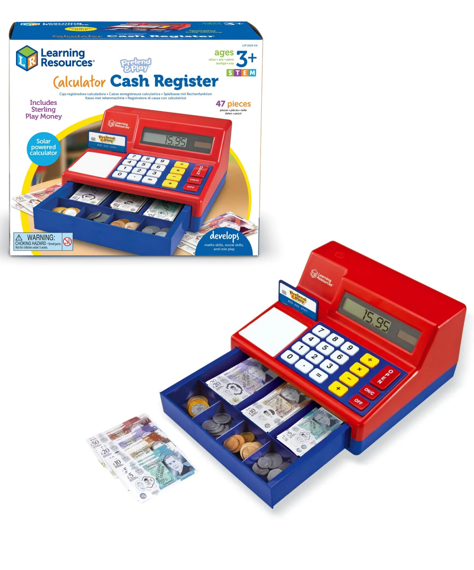 Learning Resources Pretend & Play Calculator Cash Register, UK Currency Toy Till with Play Money & Credit Card, Solar-Powered Calculator for Early Maths & Money Skills, Ages 3+
