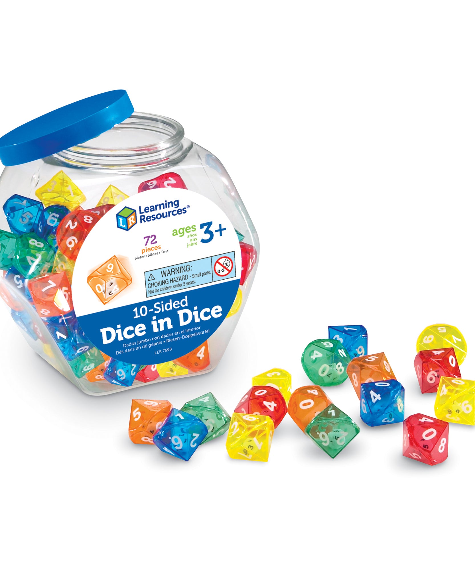 Learning Resources 10-Sided Dice in Dice, Set of 72 Double Dice for Teaching Probability, Numbers, and Operations, Includes Storage Tub, Ages 3+