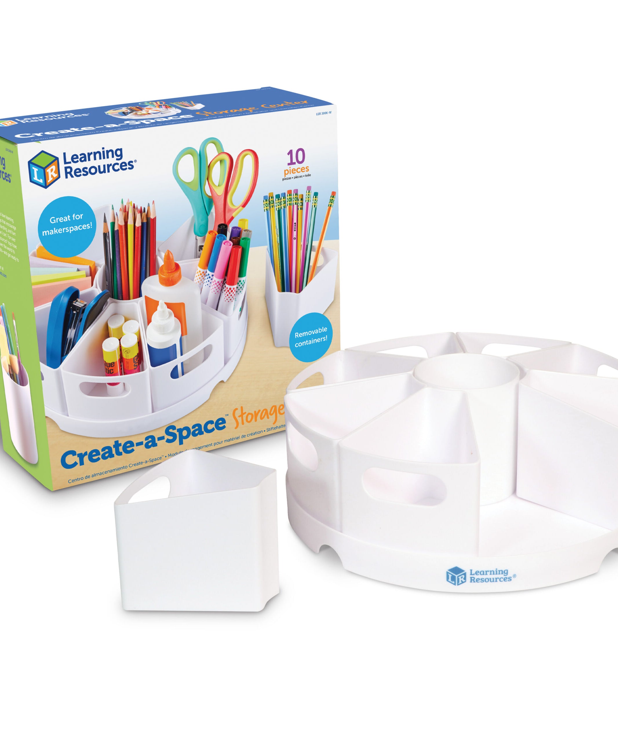 Learning Resources Create-a-Space Storage Centre, White, Rotating Desk Organizer with 8 Removable Containers, Classroom and Home Office Storage Solution