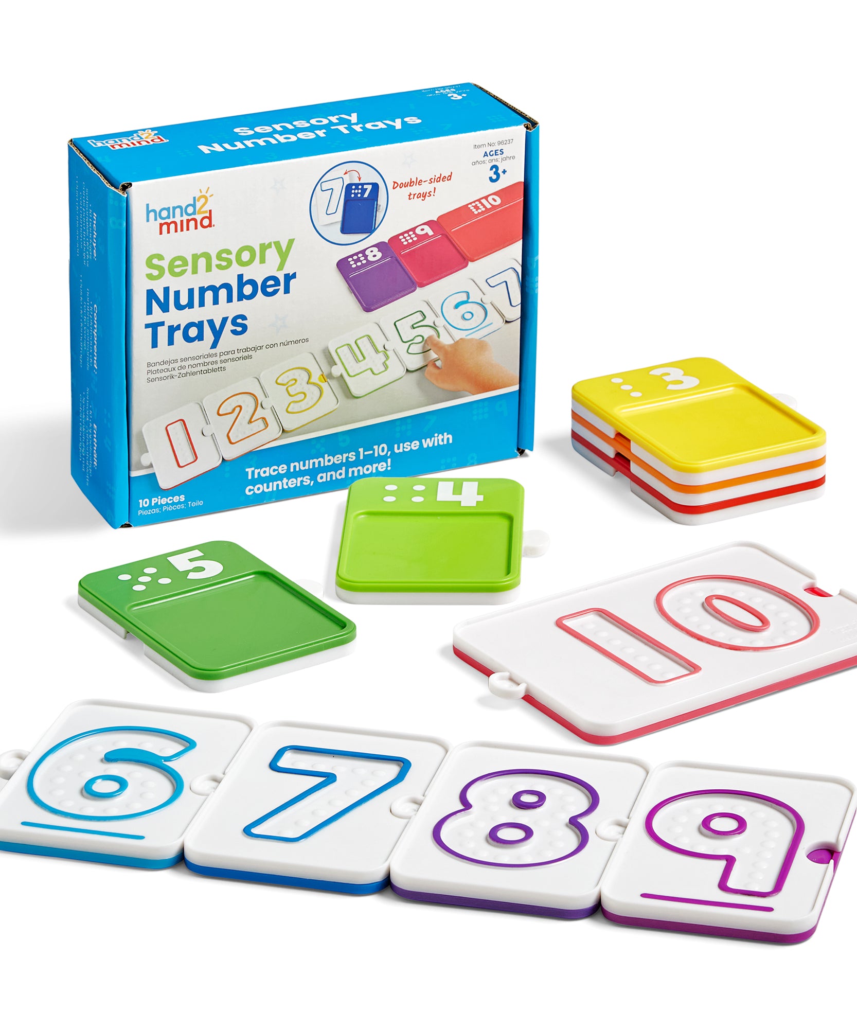 Learning Resources Sensory Number Trays, 10 Double-Sided Finger Tracing Boards for Counting and Number Formation, Made from Recycled Plastic, Ages 3 Plus