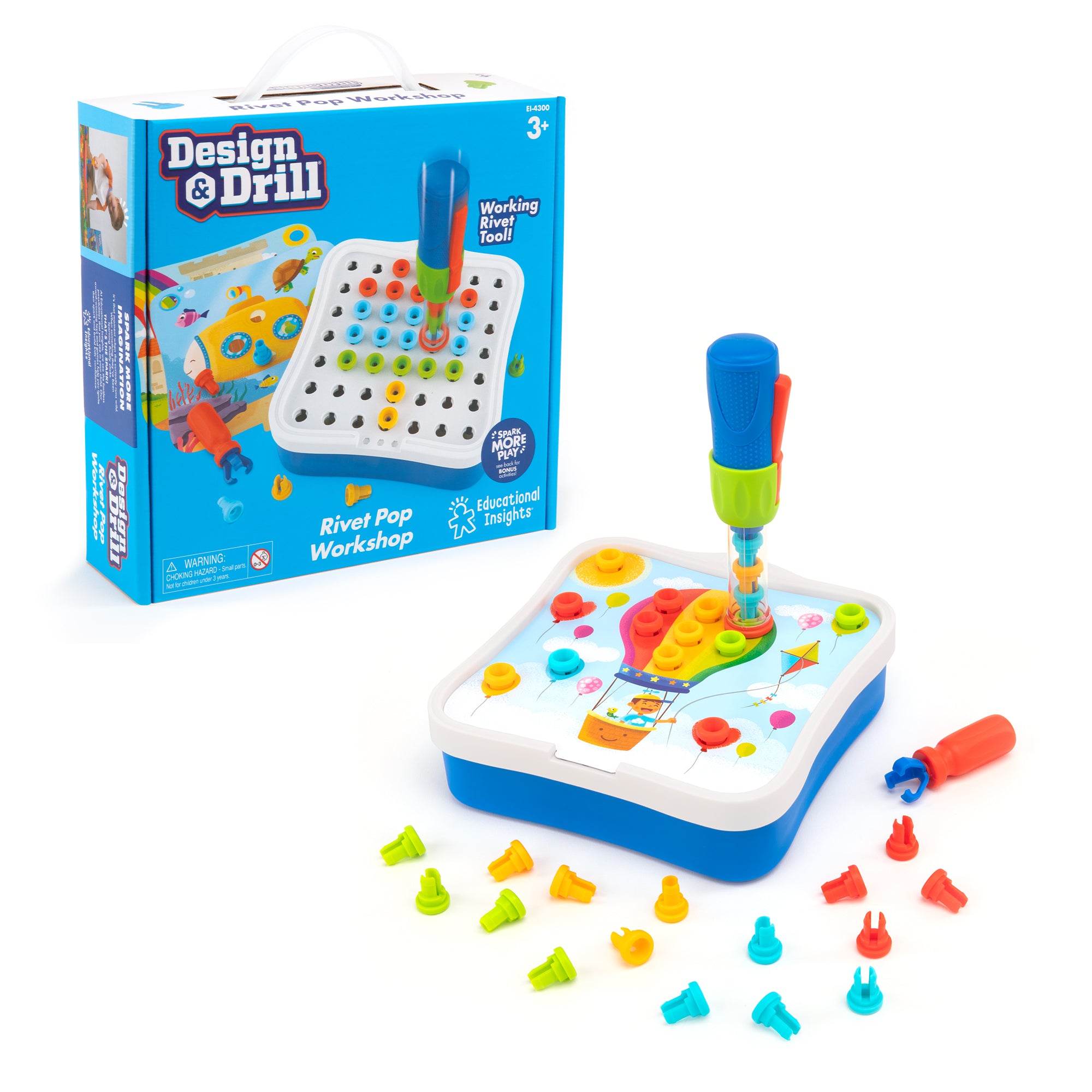 Learning Resources Design & Drill Rivet Pop Workshop, 54-Piece STEM Construction Toy with Activity Cards, Fine Motor Skill Builder for Ages 3+