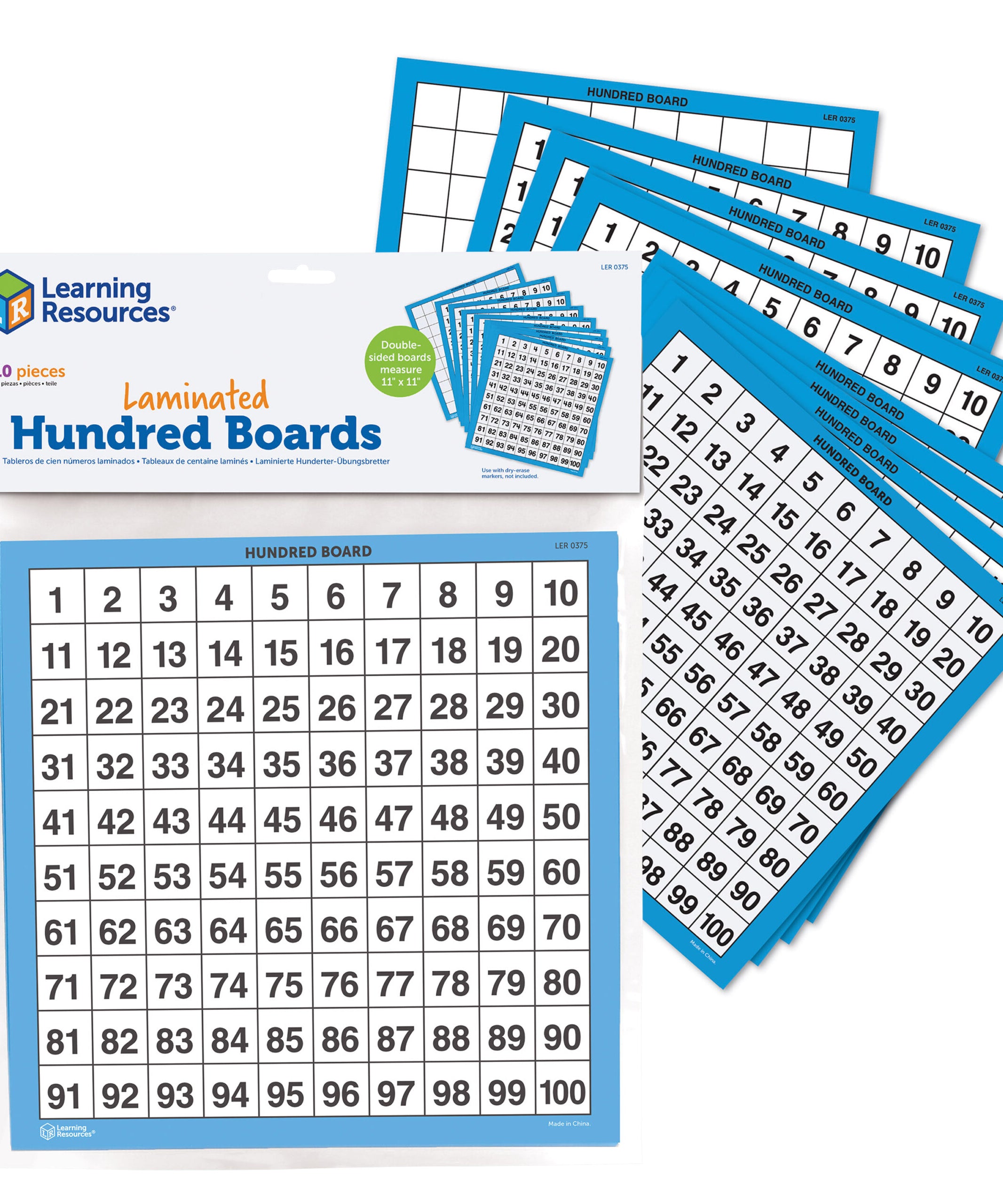 Learning Resources Laminated Hundred Boards, Set of 10 Double-Sided Dry-Erase Grids, 1–100 Counting Aid for Kids, Ages 5+