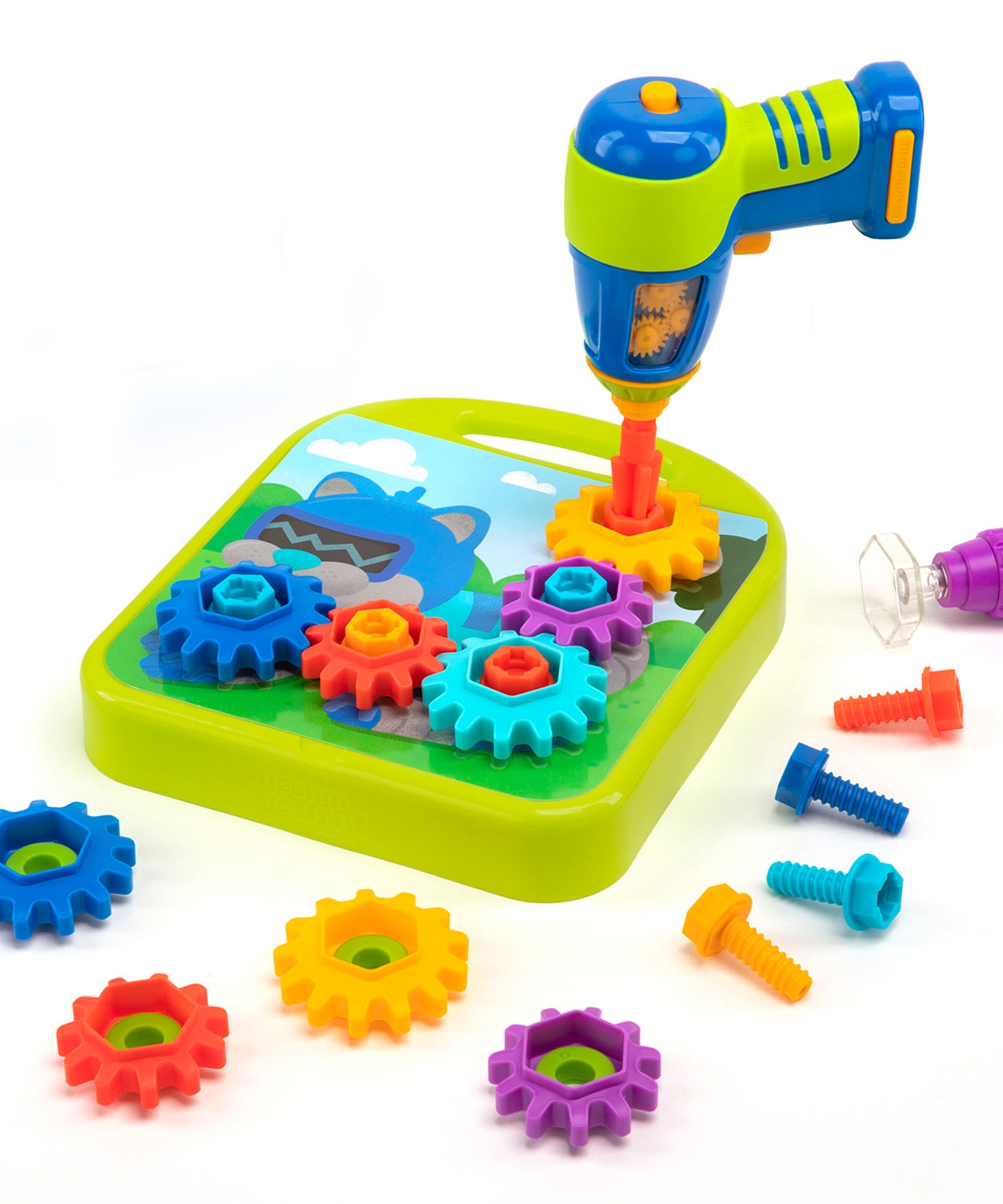 Learning Resources Design and Drill Gears Workshop, STEM Construction Toy with Power Drill, Gears, Bolts, and Activity Board, Builds Fine Motor Skills and Early Engineering Concepts, Ages 3 and Up