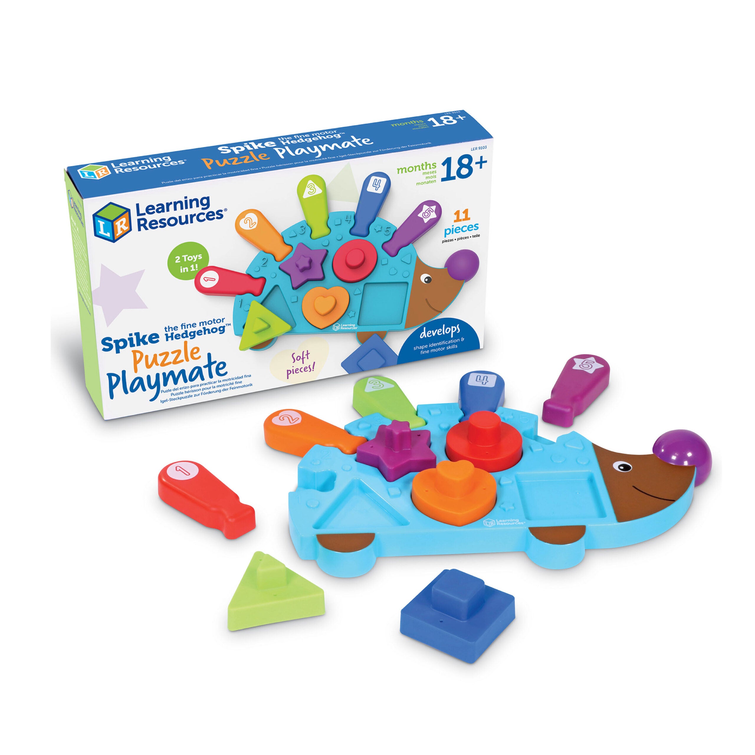 Learning Resources Spike the Fine Motor Hedgehog Puzzle Playmate (LER9103), 2-in-1 Shape Sorter and Puzzle, Fine Motor Skills Development Toy for Toddlers, Ages 18 Months+