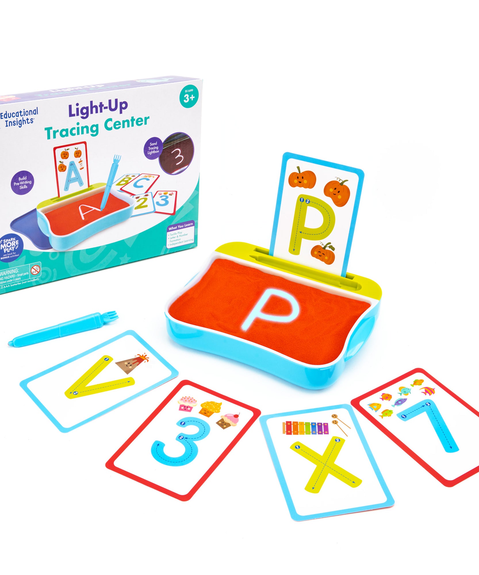 Learning Resources Light-Up Tracing Center, Sensory Writing Tray with Red Play Sand, Cards, and Stylus, Preschool Fine Motor and Pre-Writing Toy for Ages 3+