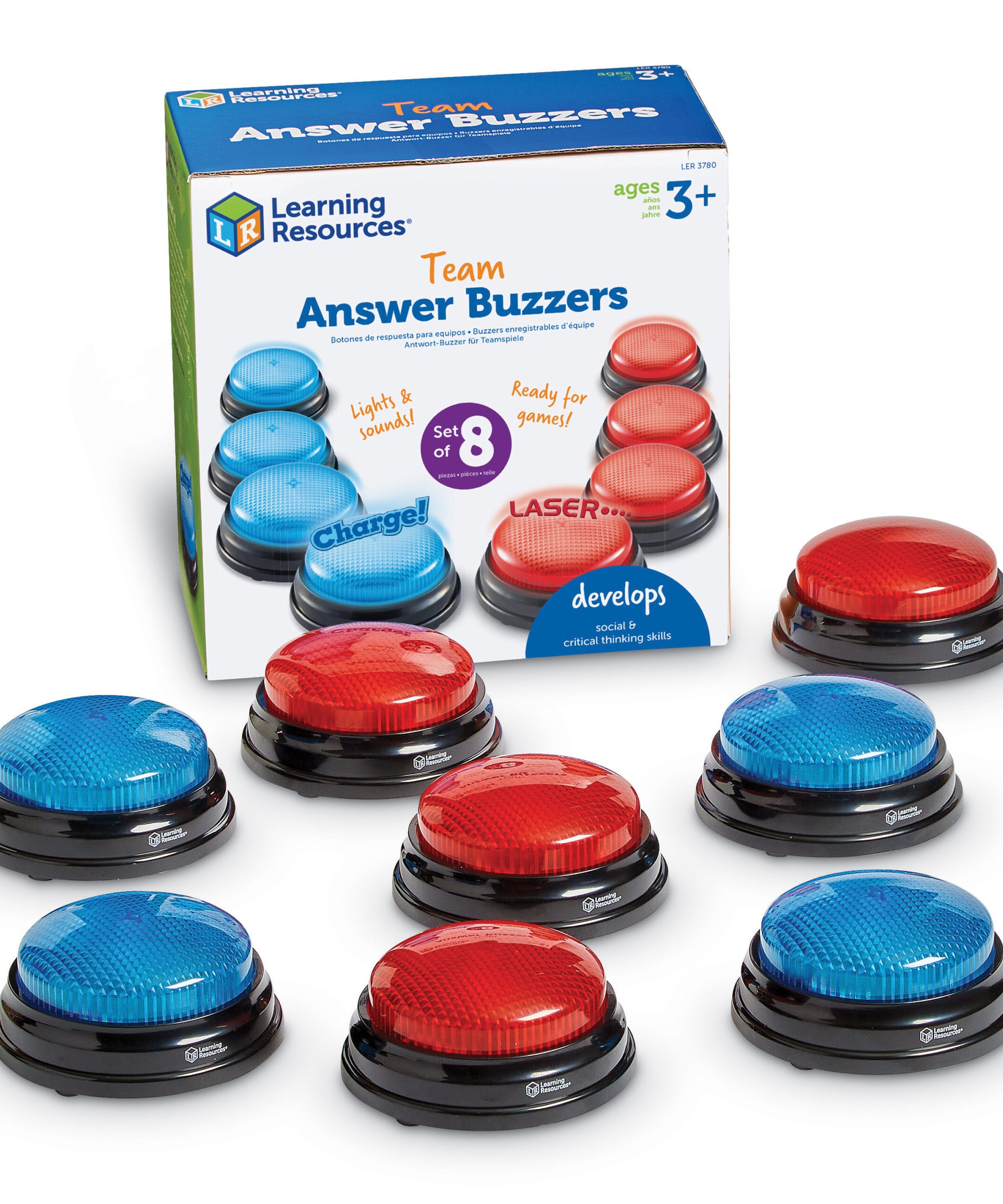 Learning Resources Team Answer Buzzers, Set of 8 Red and Blue Light-Up Buzzers with Unique Sounds, Game Show Buzzers for Team Play, Ages 3+