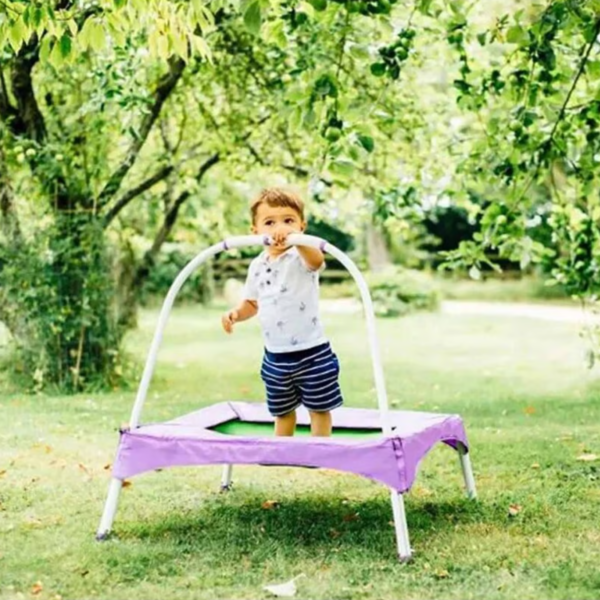 Plum Junior Jumper Trampoline, Stable Recreational Indoor and Outdoor Toy, with Soft Easy Grip Foam Handles, Padded Frame Design, Suitable for Kids 18 Months and Above, Purple