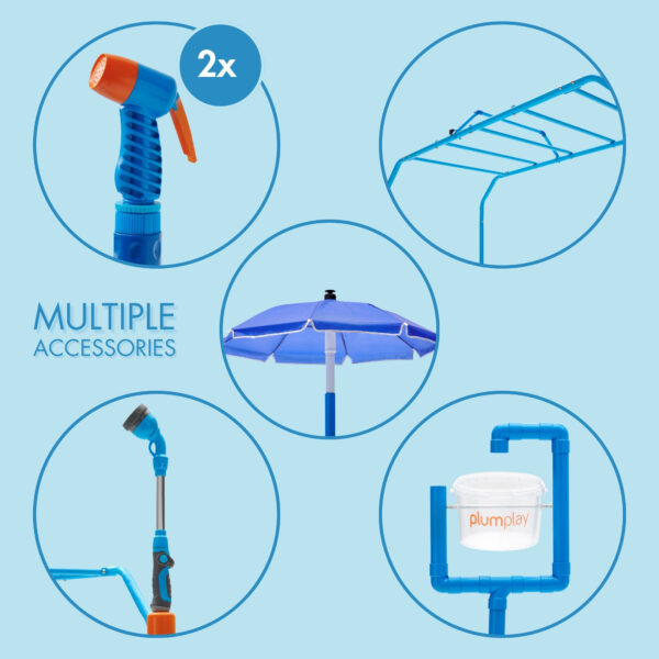 Plum Water Park Blaster Course, Summer Outdoor Water Play Backyard Toy with 6ft Water Slide, 3m Water Chute, Bubble Blower, Umbrella Fountain, Tidal Tipper, Monkey Bar, Colour Revealing Wall and Water Sprinkler Accessories, Suitable for Children 3 Years +, Blue