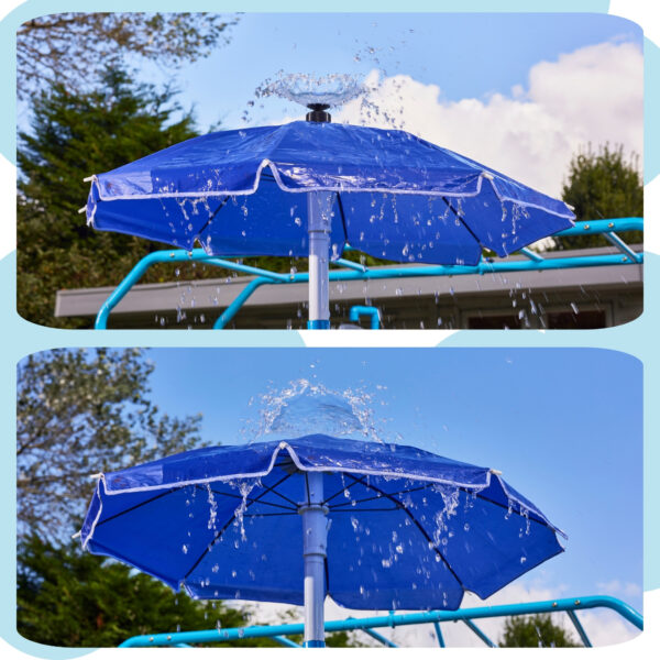 Plum Water Park Blaster Course, Summer Outdoor Water Play Backyard Toy with 6ft Water Slide, 3m Water Chute, Bubble Blower, Umbrella Fountain, Tidal Tipper, Monkey Bar, Colour Revealing Wall and Water Sprinkler Accessories, Suitable for Children 3 Years +, Blue