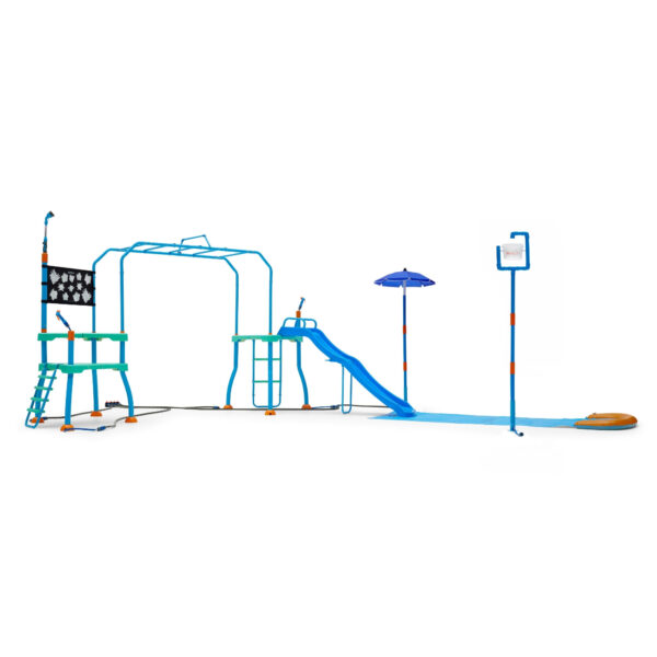 Plum Water Park Blaster Course, Summer Outdoor Water Play Backyard Toy with 6ft Water Slide, 3m Water Chute, Bubble Blower, Umbrella Fountain, Tidal Tipper, Monkey Bar, Colour Revealing Wall and Water Sprinkler Accessories, Suitable for Children 3 Years +, Blue