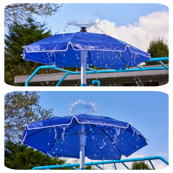 Plum Water Park Umbrella Fountain with Height Adjustable Pole, Convenient and Easy to Store Summer Outdoor Water Play Backyard Toy, Suitable for Children 3 Years +, Blue