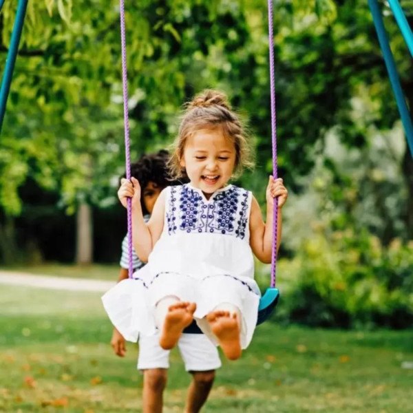 Plum 2 in 1 Metal Swing Set, Outdoor Swing with Height Adjustability and Interchangeable Seats, 50kg Weight Capacity, Suitable for Children both Boys and Girls Aged 12 Months and Above, Blue