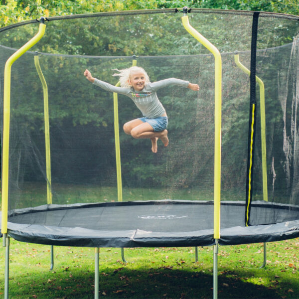 Plum 10ft Springsafe Jumper Trampoline with Enclosure, Safety Net and Foam Pad Protection, Stable Recreational Outdoor Toy with UV, Rust + Weather Protection, Suitable for Kids 6 Years and Above