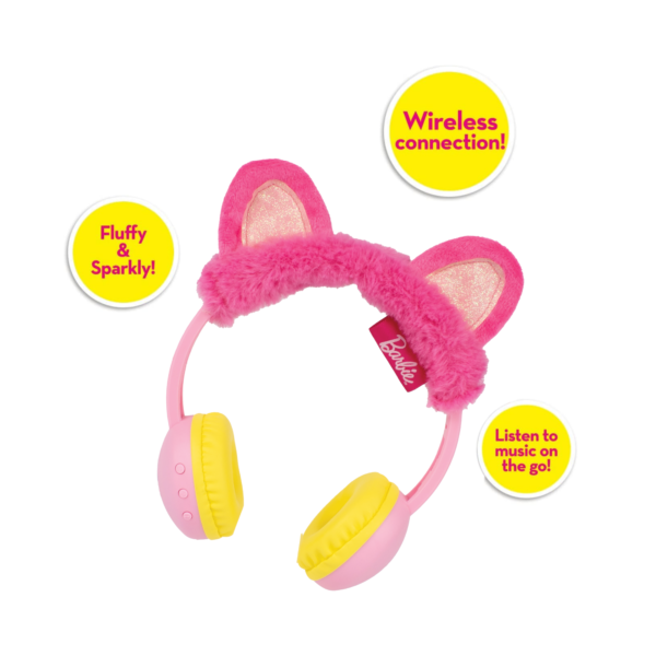 Sinco Creations Barbie Volume-Limiting Cat Ear Adjustable Kids On Ear Wireless Bluetooth Headphones with Built in Microphone, Volume Controls & 3.5mm Audio Jack, Suitable For Kids Aged 3Y+