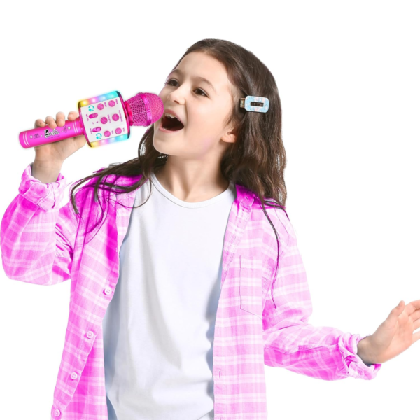 Sinco Creations Barbie Bright Voice Master Microphone, Bluetooth Wireless Karaoke Microphone with Lights, Portable Design with 5 Voice Effects for On the Go Sing-Along Fun, Suitable for Kids 3Y+