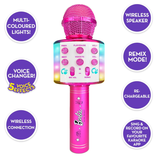 Sinco Creations Barbie Bright Voice Master Microphone, Bluetooth Wireless Karaoke Microphone with Lights, Portable Design with 5 Voice Effects for On the Go Sing-Along Fun, Suitable for Kids 3Y+