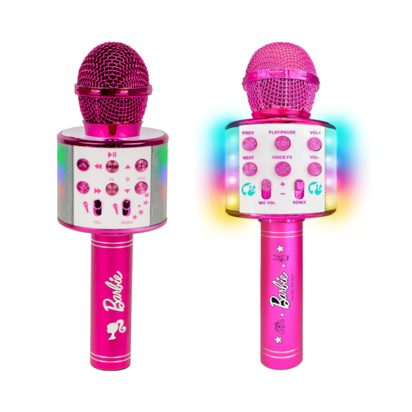 Sinco Creations Barbie Bright Voice Master Microphone, Bluetooth Wireless Karaoke Microphone with Lights, Portable Design with 5 Voice Effects for On the Go Sing-Along Fun, Suitable for Kids 3Y+