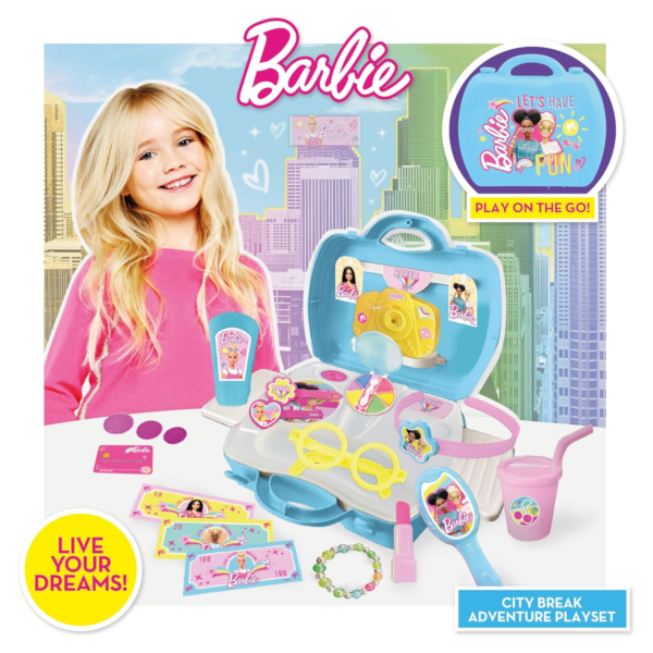 Sinco Creations Barbie City Break Adventure Playset, 20 Piece Pretend Play Toy with Carry Case, Role Play Toy Suitable for Kids Aged 3Y+