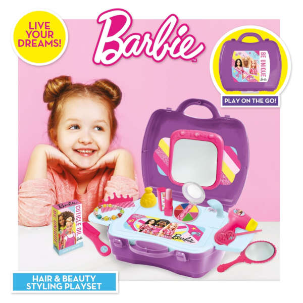 Sinco Creations Barbie Hair & Beauty Station Playset, 10 Piece Pretend Play Toy with Carry Case, Role Play Toy Suitable for Kids Aged 3Y+
