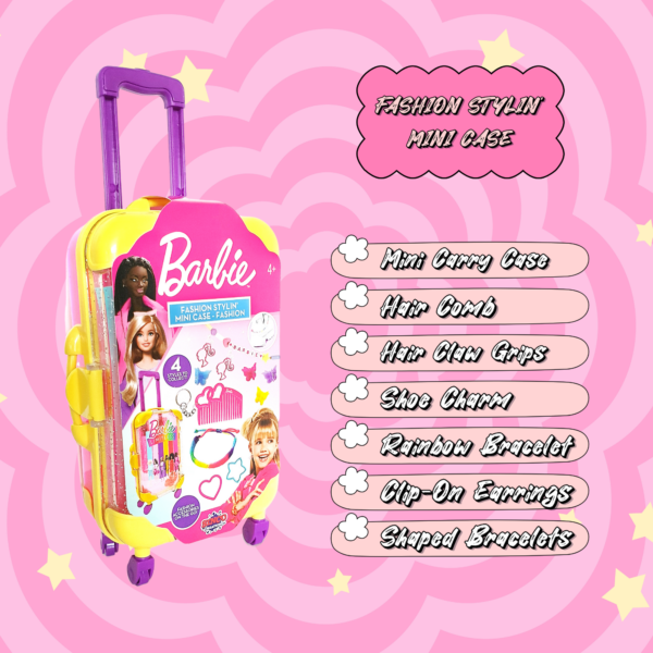 Sinco Creations Barbie Fashion Stylin’ Mini Case, Features 4 Assorted Styles, Festival, Glamping, Glam & Fashion, Collectible On-the-Go Fashion & Charm Playset Suitable for Kids Aged 3Y+