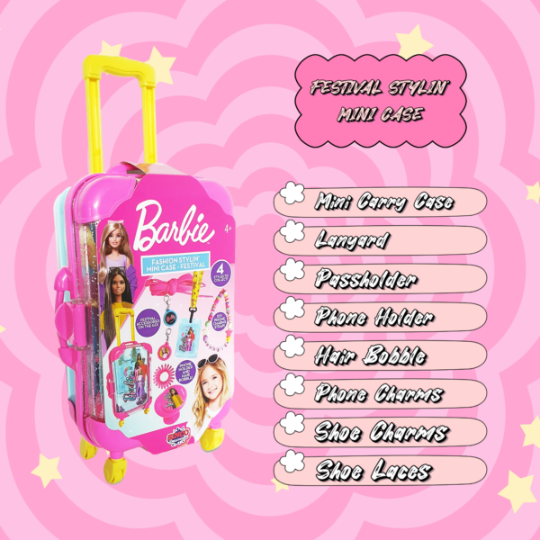 Sinco Creations Barbie Fashion Stylin’ Mini Case, Features 4 Assorted Styles, Festival, Glamping, Glam & Fashion, Collectible On-the-Go Fashion & Charm Playset Suitable for Kids Aged 3Y+