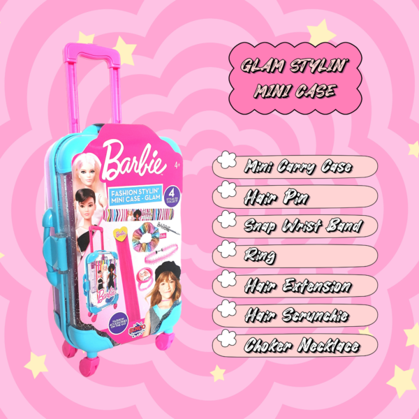 Sinco Creations Barbie Fashion Stylin’ Mini Case, Features 4 Assorted Styles, Festival, Glamping, Glam & Fashion, Collectible On-the-Go Fashion & Charm Playset Suitable for Kids Aged 3Y+