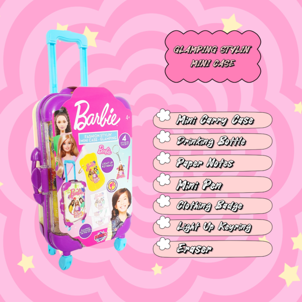Sinco Creations Barbie Fashion Stylin’ Mini Case, Features 4 Assorted Styles, Festival, Glamping, Glam & Fashion, Collectible On-the-Go Fashion & Charm Playset Suitable for Kids Aged 3Y+