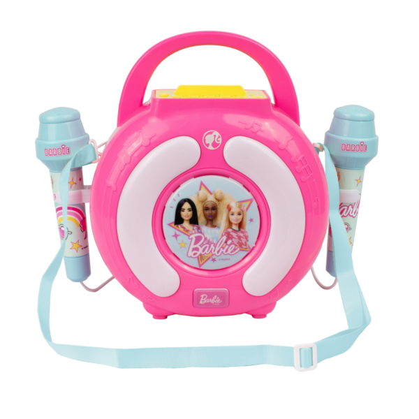 Sinco Creations Barbie Karaoke Sound Box, Lightweight & Portable Bluetooth Speaker with 2 Wireless Microphones, Voice Changer Feature, Carry Strap for On the Go Sing-Along Fun, Suitable for Kids 3Y+